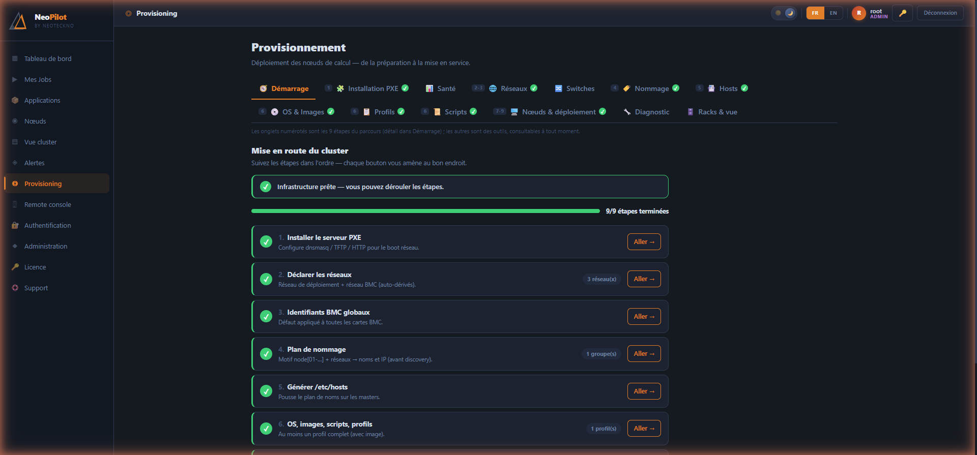 NeoPilot — parcours de provisionnement en neuf étapes, toutes terminées