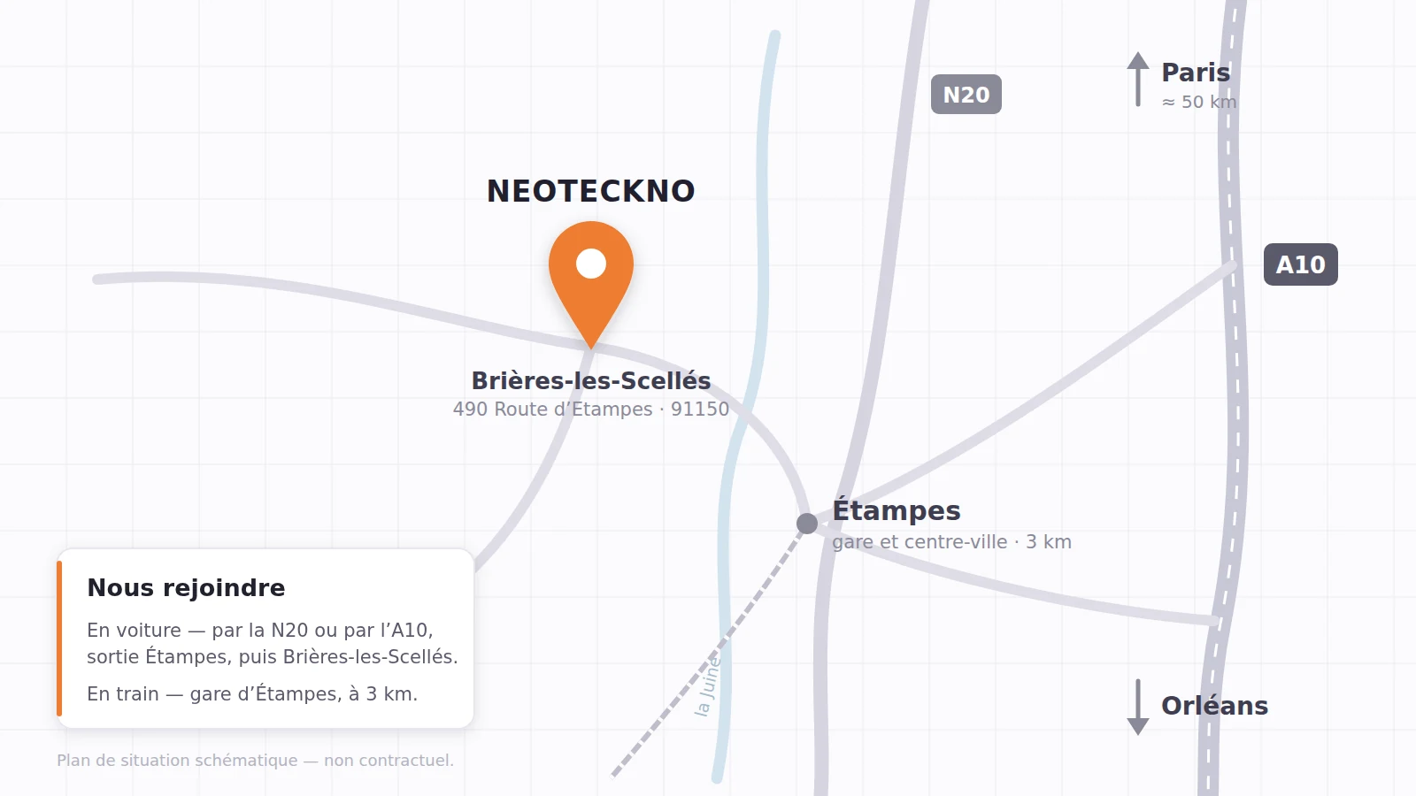 Plan de situation : NEOTECKNO à Brières-les-Scellés, près d’Étampes, accès par la N20 ou l’A10