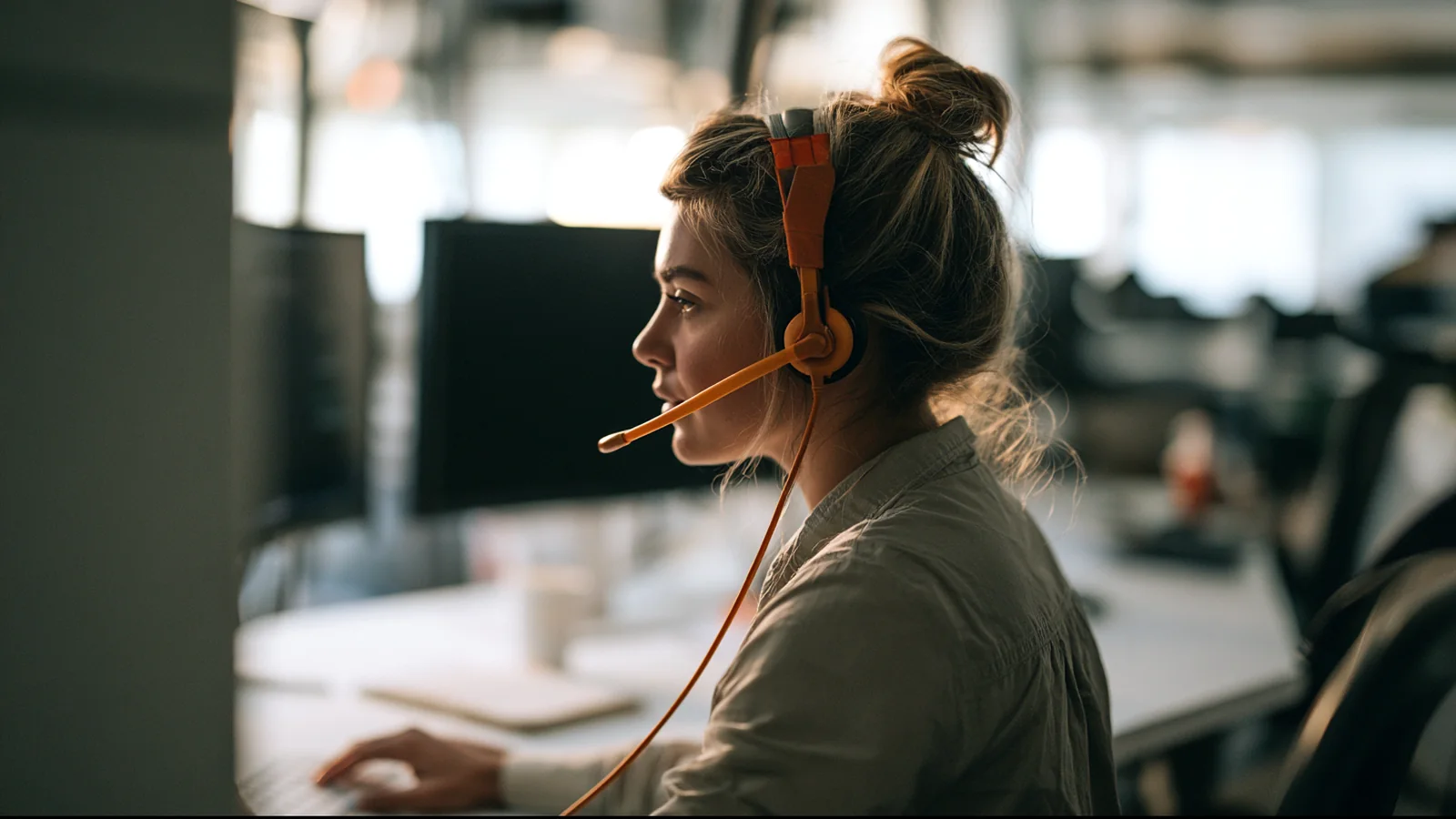 Technicienne du centre de support NEOTECKNO au téléphone, casque-micro sur les oreilles